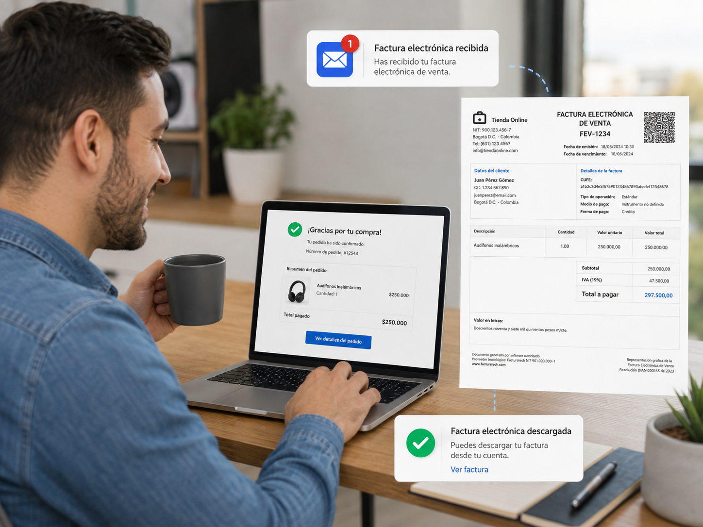 Cliente recibe y descarga su factura electrónica de venta generada automáticamente en GouJana